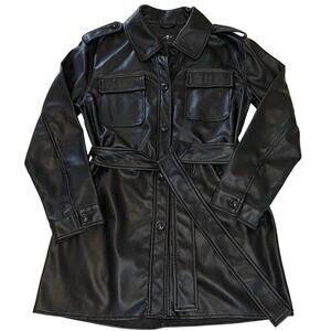 7 For All Mankind Women’s M Black Vegan Faux Leather Trench Coat Belted Jacket
